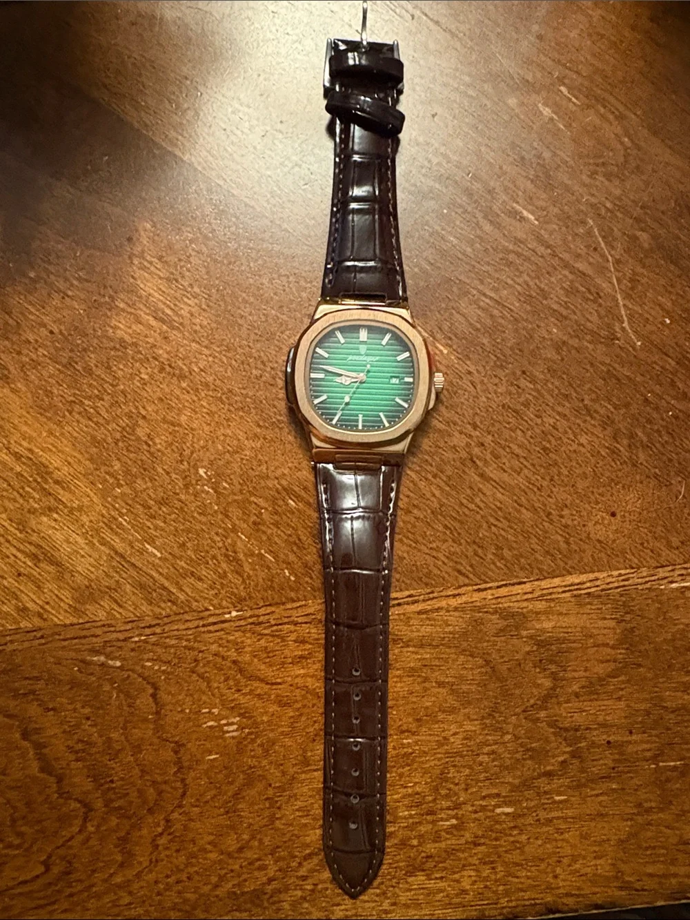 Men's Green Dial Watch with Brown Leather Strap